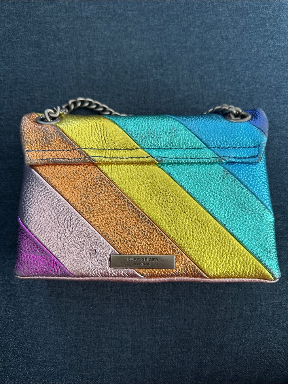 KURT GEIGER LONDON Mini Kensington Leather Crossbody - Rainbow Chevron - Picture 3 of 12